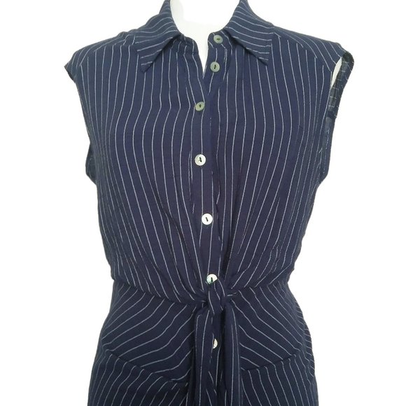 4/$20 Shinestar Navy Blue Pinstripe Dress Large Ruched Button Front Sleeveless - Picture 2 of 7